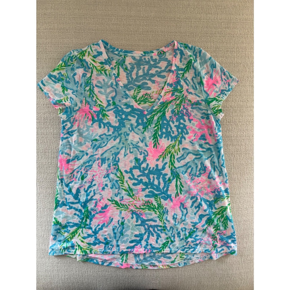 Lilly Pulitzer Short Sleeve V Neck Coral Bay Print Cotton Shirt Womens Large